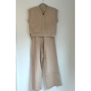 Womens Matching Beige Knit Two-piece Outfit, V-neck Vest, Wide-Leg Pants, Size S